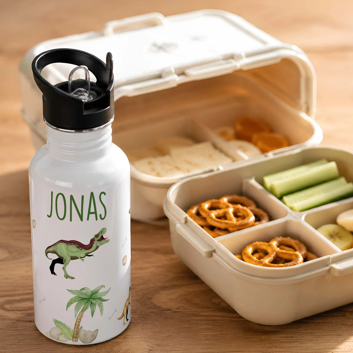 Trinkflasche Kinder Edelstahl - Dino Abenteuer - Personalisierbar mit Namen