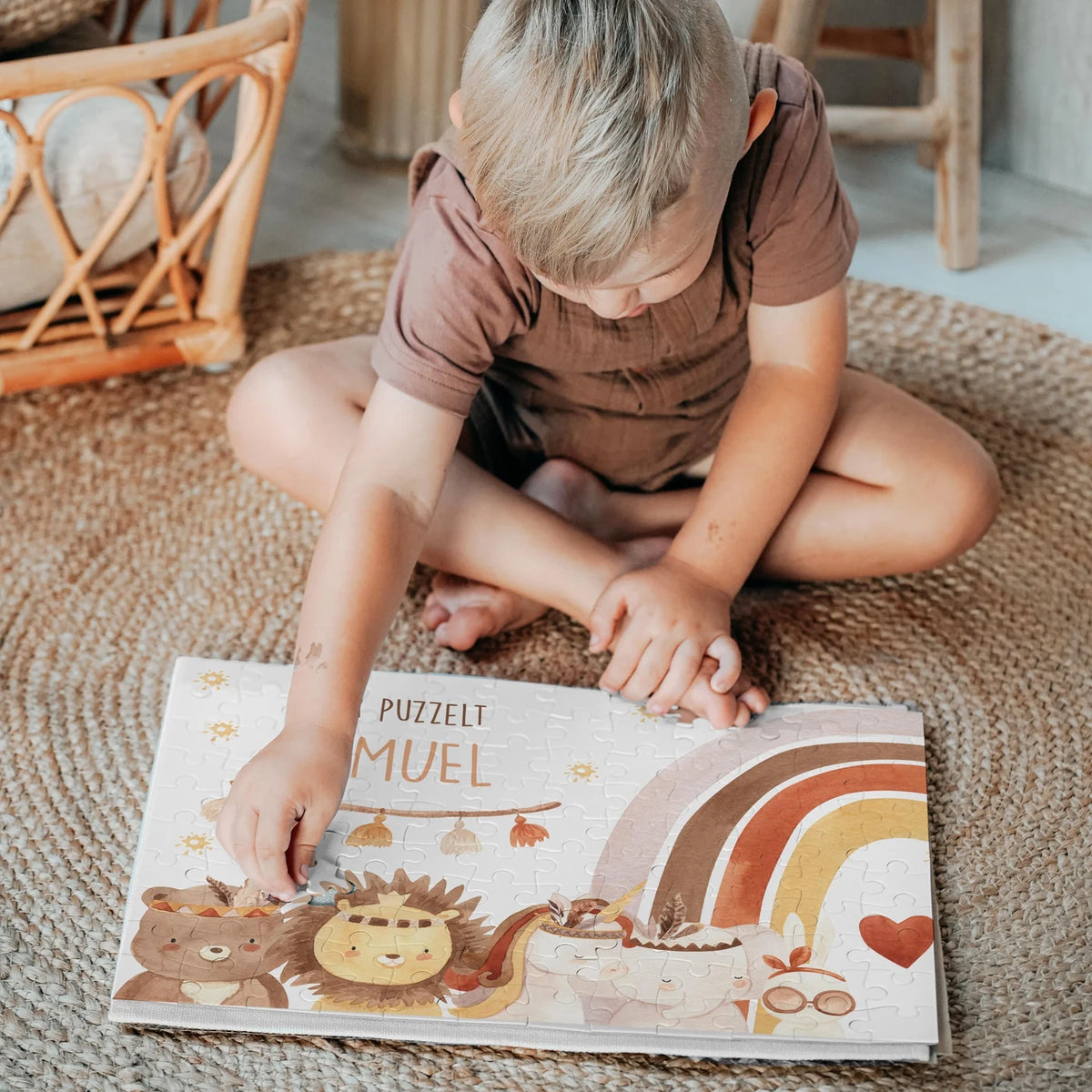 Kinderpuzzle personalisiert mit Namen - Boho Tiere mit Regenbogen