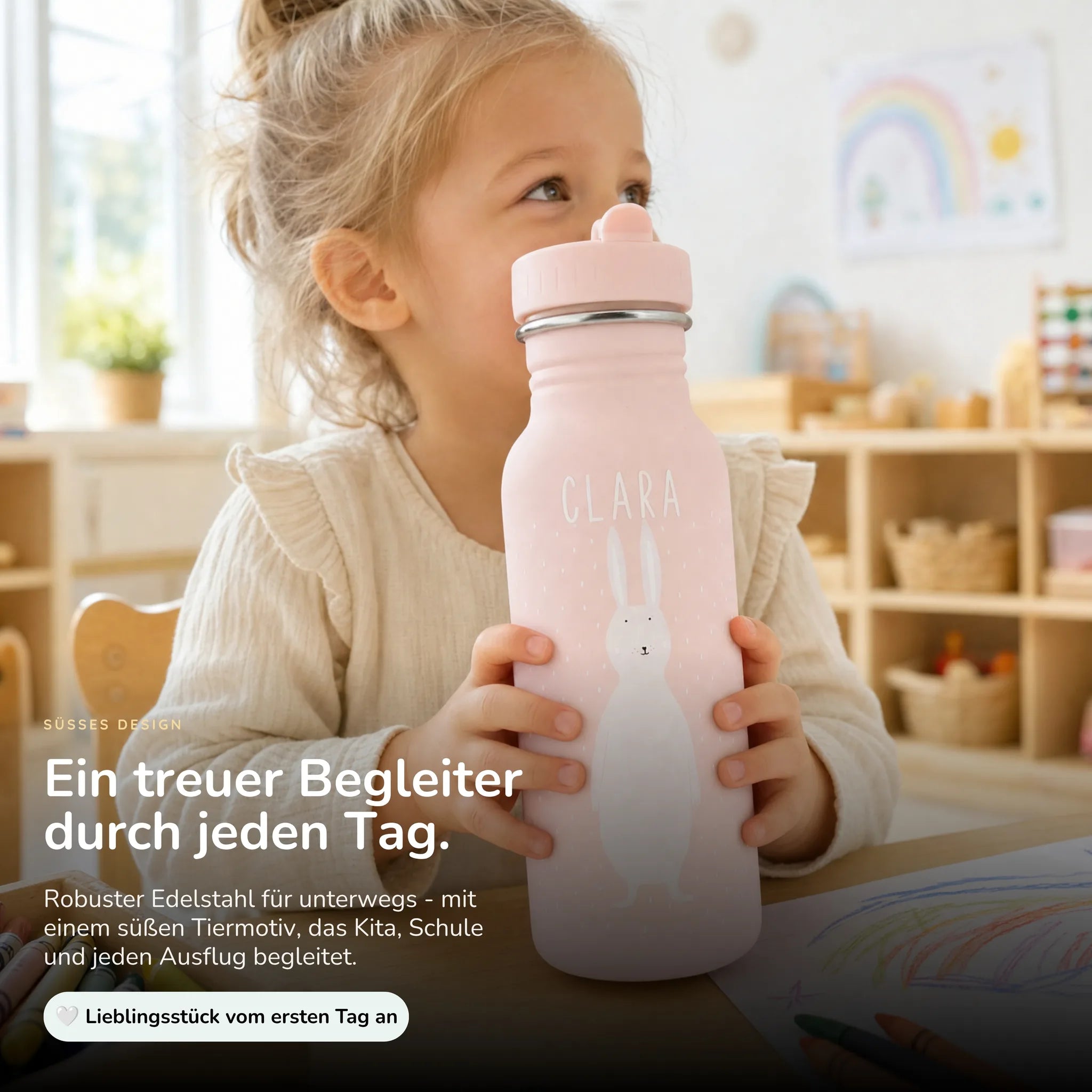 Trixie Trinkflasche Kinder Hase, 500 ml Edelstahlflasche mit Namen