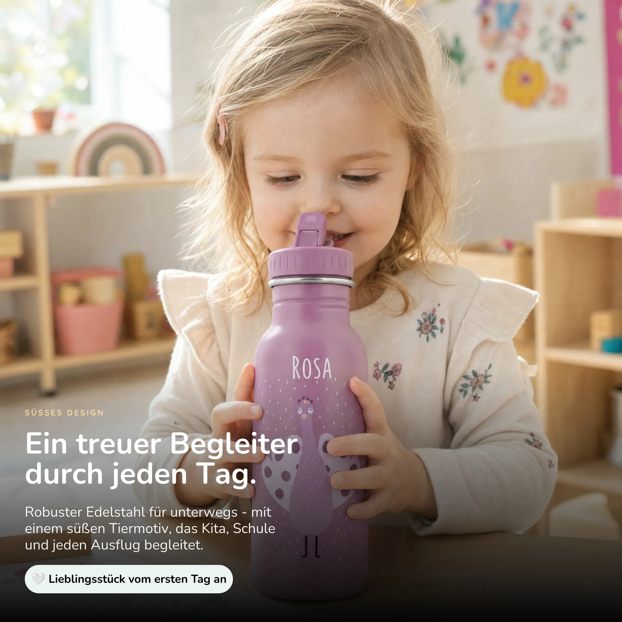 Trixie Trinkflasche Kinder Pfau, 500 ml Edelstahlflasche mit Namen