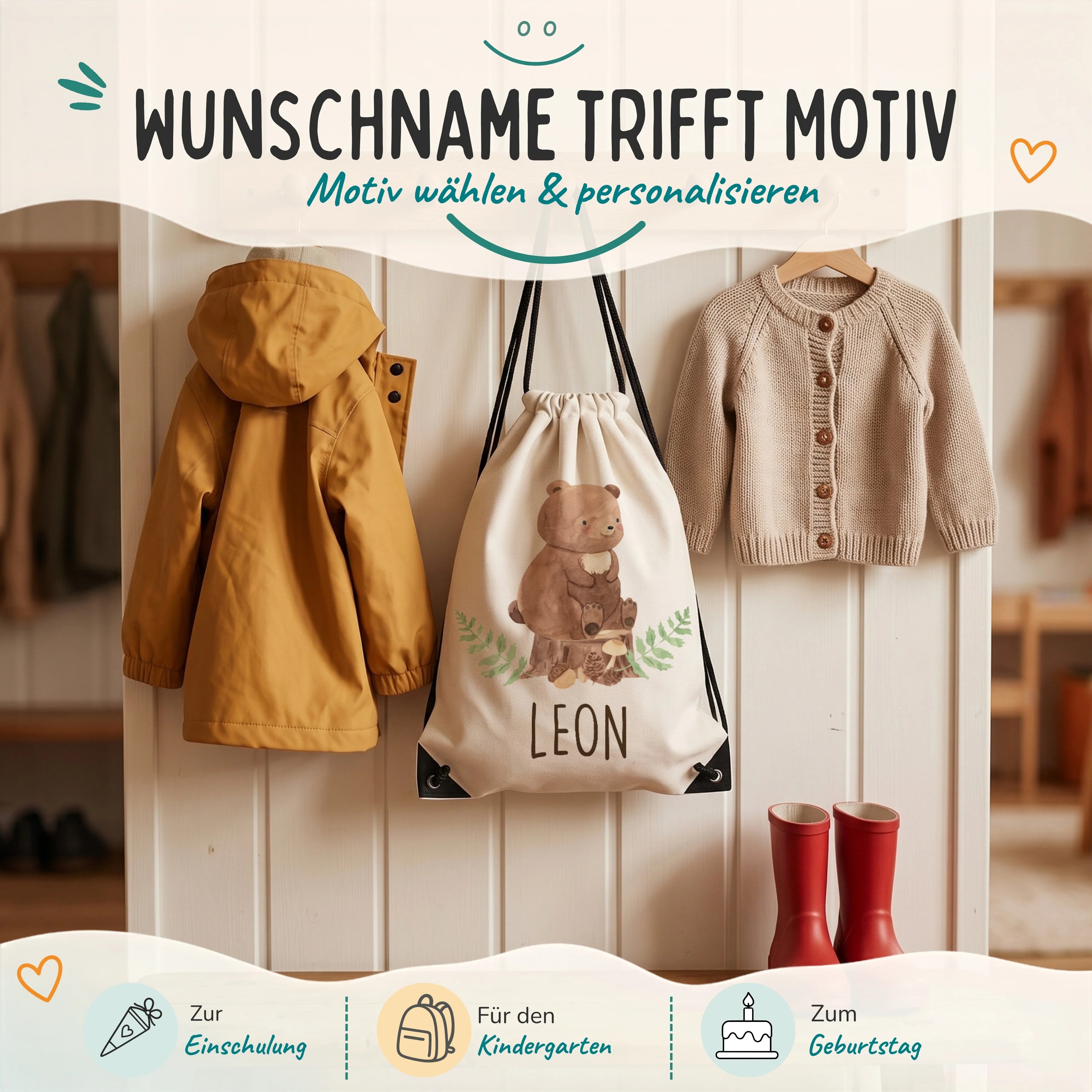 Personalisierter Turnbeutel BĂ€r, Geschenk zur Einschulung, zum Kindergarten und zum Geburtstag