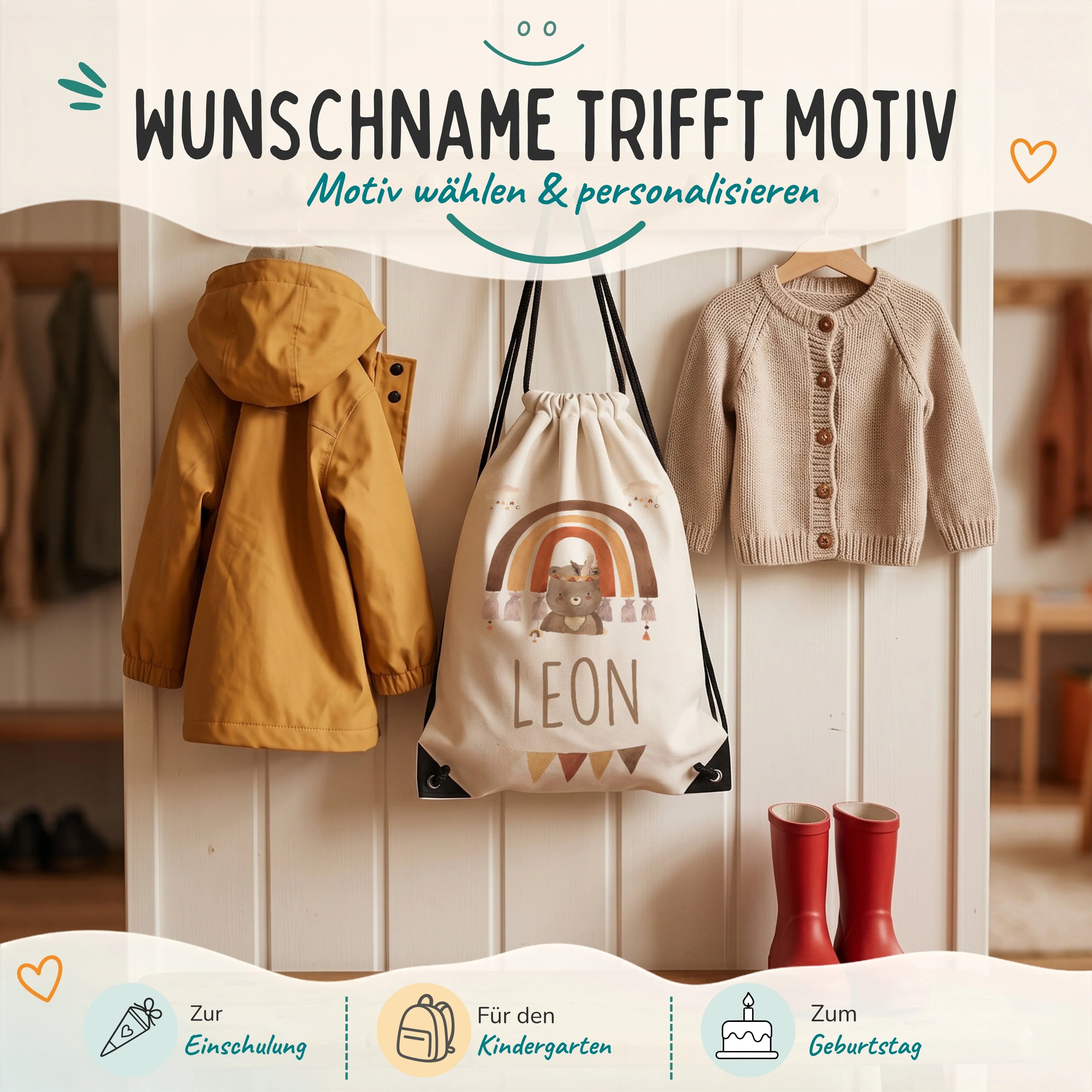 Personalisierter Turnbeutel Boho BĂ€r Regenbogen, Geschenk zur Einschulung, zum Kindergarten und zum Geburtstag