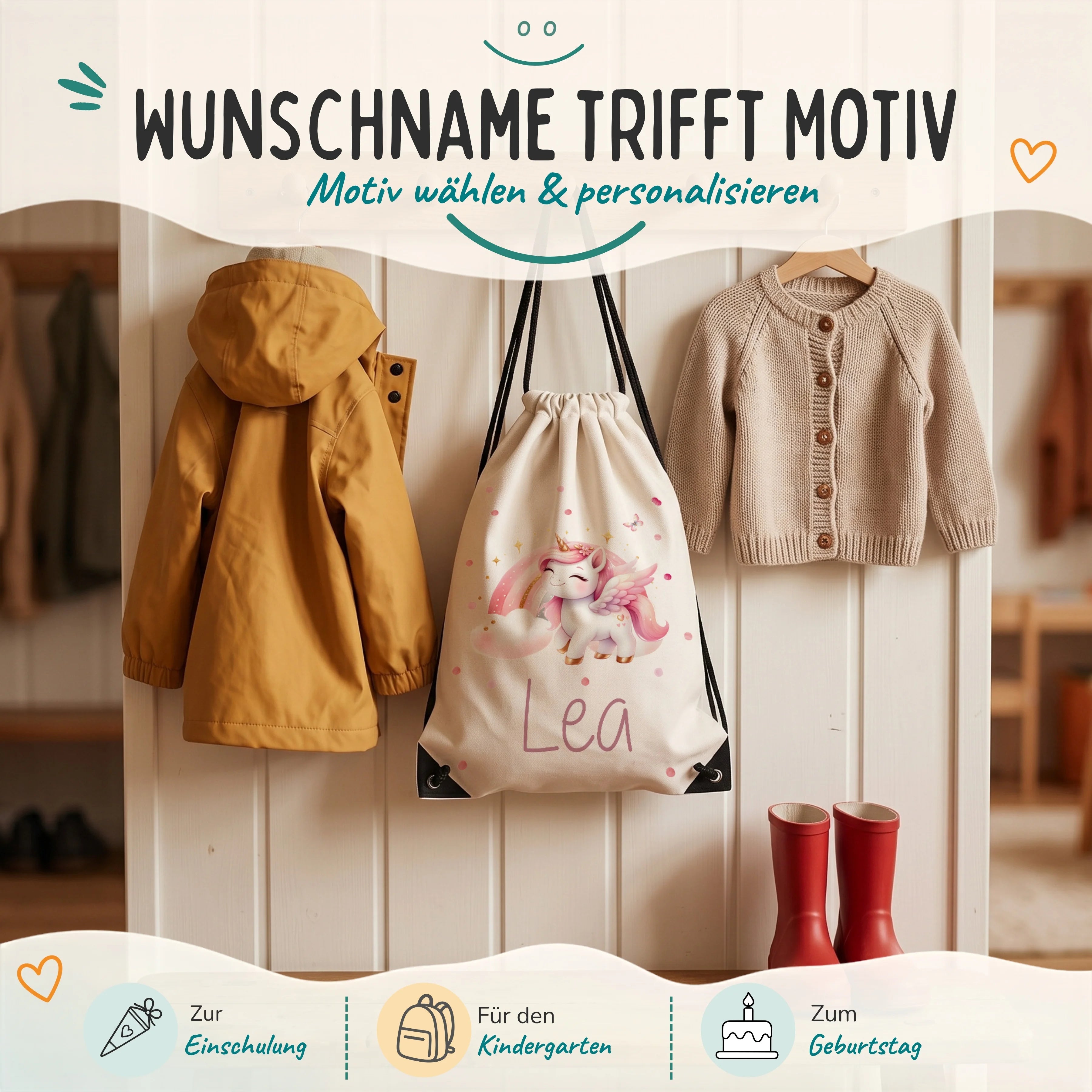 Personalisierter Turnbeutel Zauberhaftes Einhorn, Geschenk zur Einschulung, zum Kindergarten und zum Geburtstag