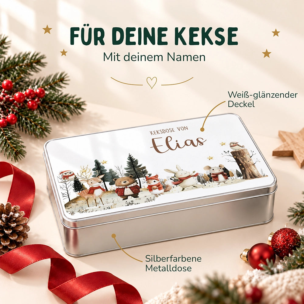 Keksdose aus Metall personalisiert - Weihnachtsfreunde im Schnee