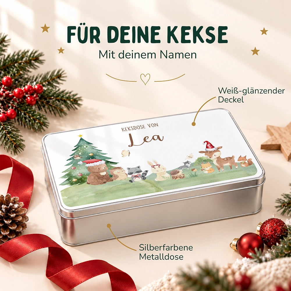 Keksdose aus Metall personalisiert - Kleine Waldbewohner im Weihnachtsglanz