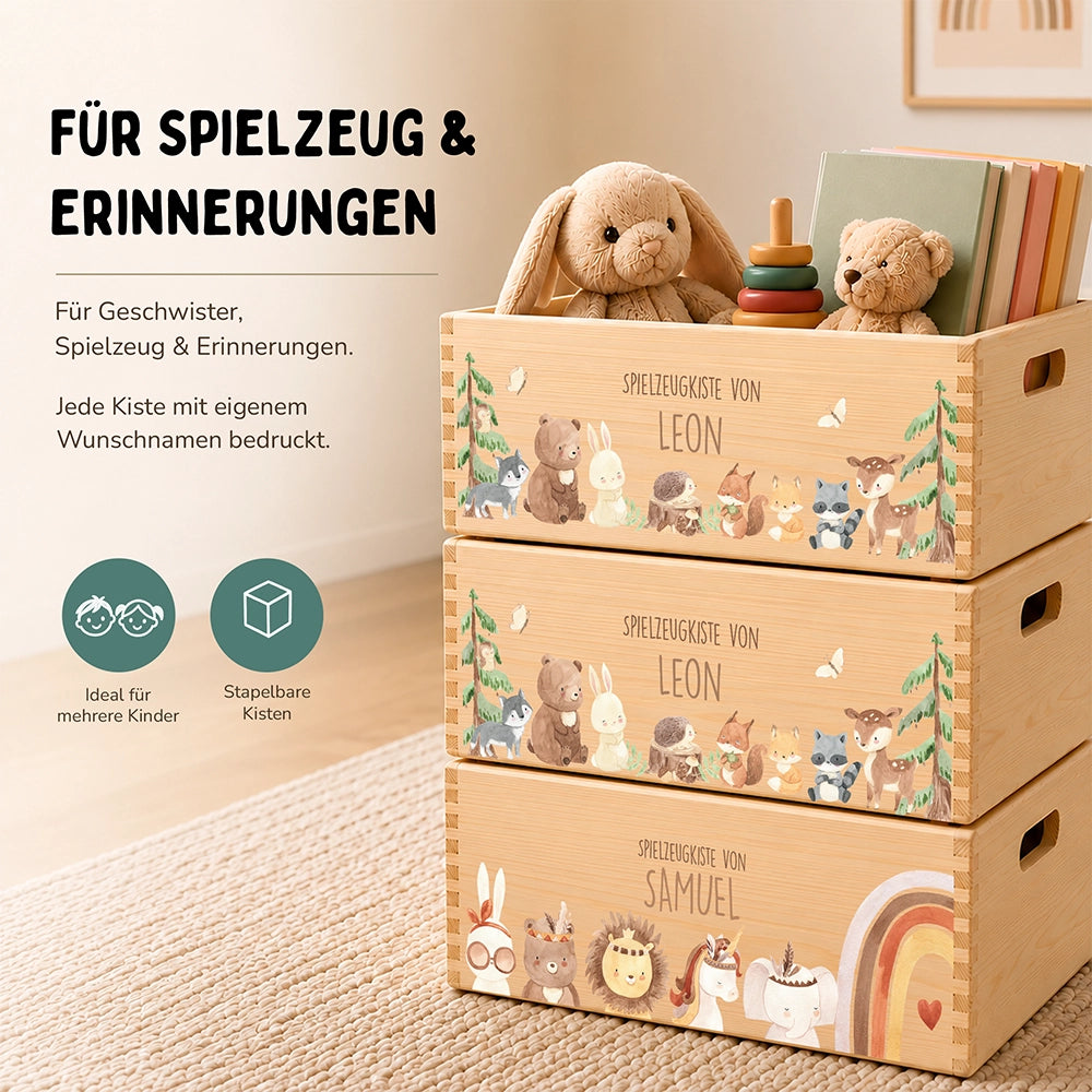 Spielzeugkiste personalisiert mit Namen - niedliche Waldtiere