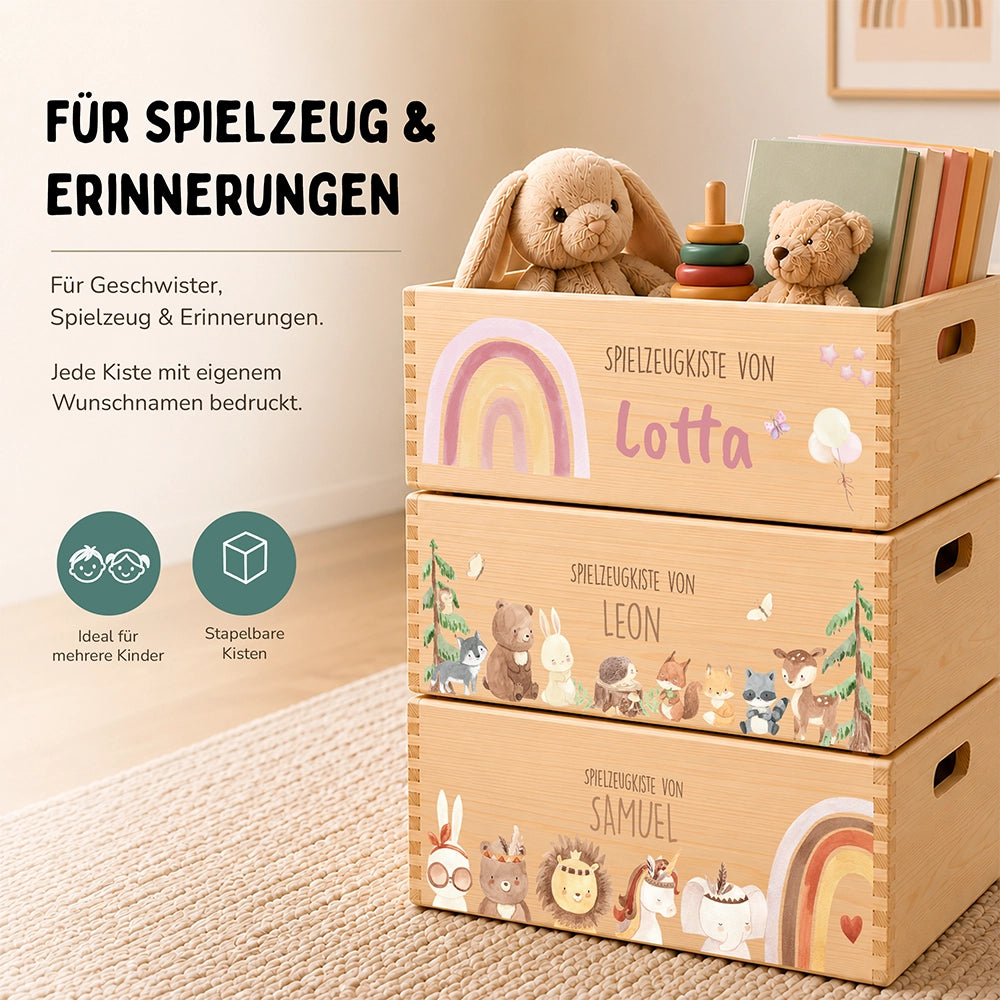Spielzeugkiste personalisiert mit Namen - Regenbogen