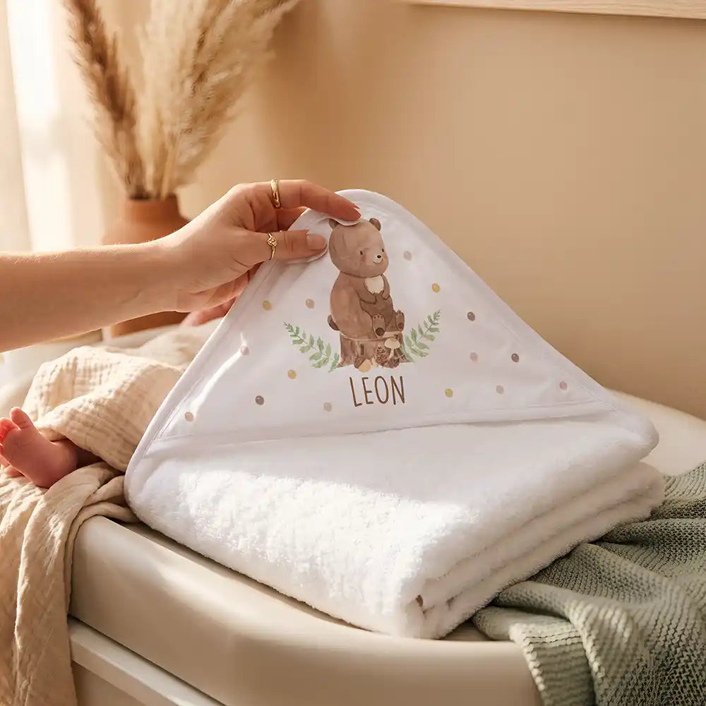 Personalisiertes Kapuzenhandtuch Baby BĂ€r Farn â Detail der bedruckbaren Kapuze