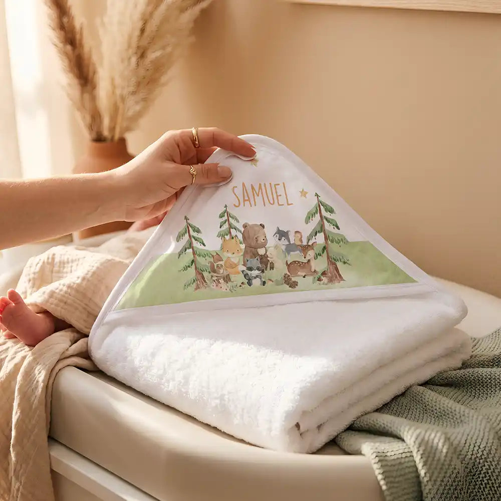 Personalisiertes Kapuzenhandtuch Baby Waldwiese Tiere â Detail der bedruckbaren Kapuze