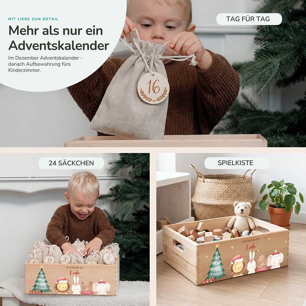 Adventskalender zum Befüllen "Weihnachten mit weihnachtlichem Tiertrio" personalisiert