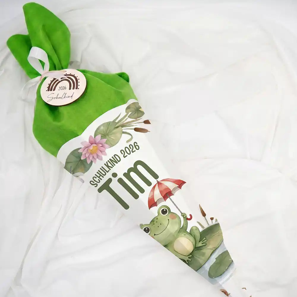 Schultüte personalisiert mit Name Frosch mit Schirm – Liegend mit Filzverschluss und Schleife