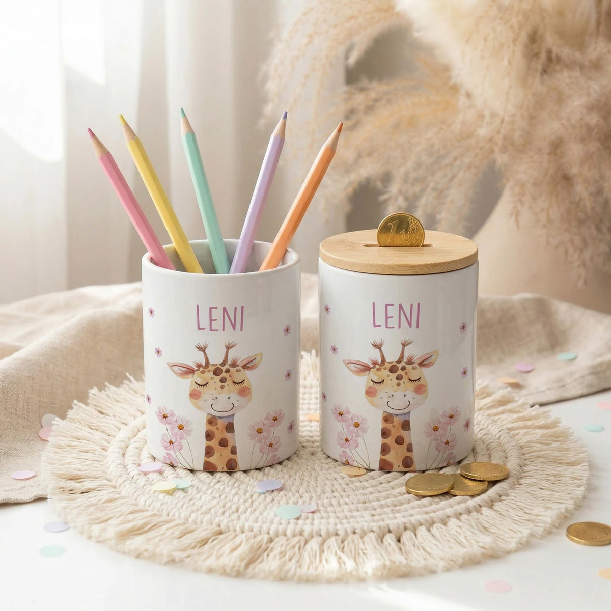Personalisierte Spardose Giraffe Blumen â Keramik & Bambus mit Wunschname