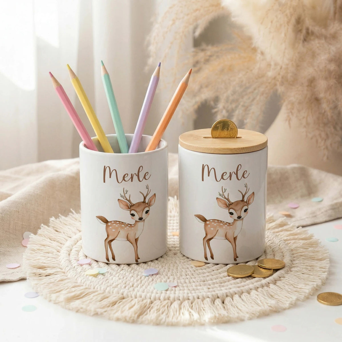 Personalisierte Spardose Rehkitz Bambi – Keramik & Bambus mit Wunschname