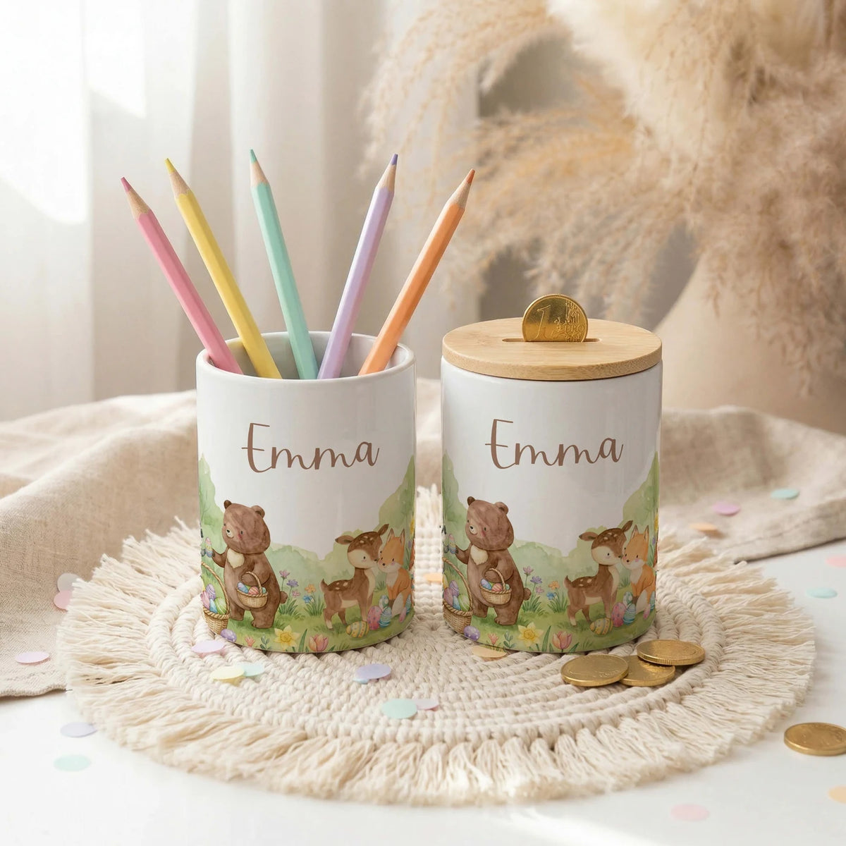 Personalisierte Spardose Ostern BĂ€renfamilie â Keramik & Bambus mit Wunschname