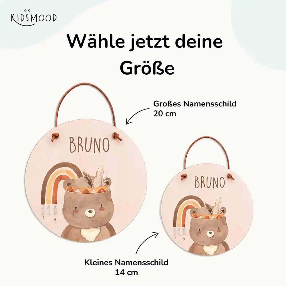 TĂŒrschild Kinderzimmer BĂ€r mit Regenbogen, mit fertig montiertem Lederband zum AufhĂ€ngen