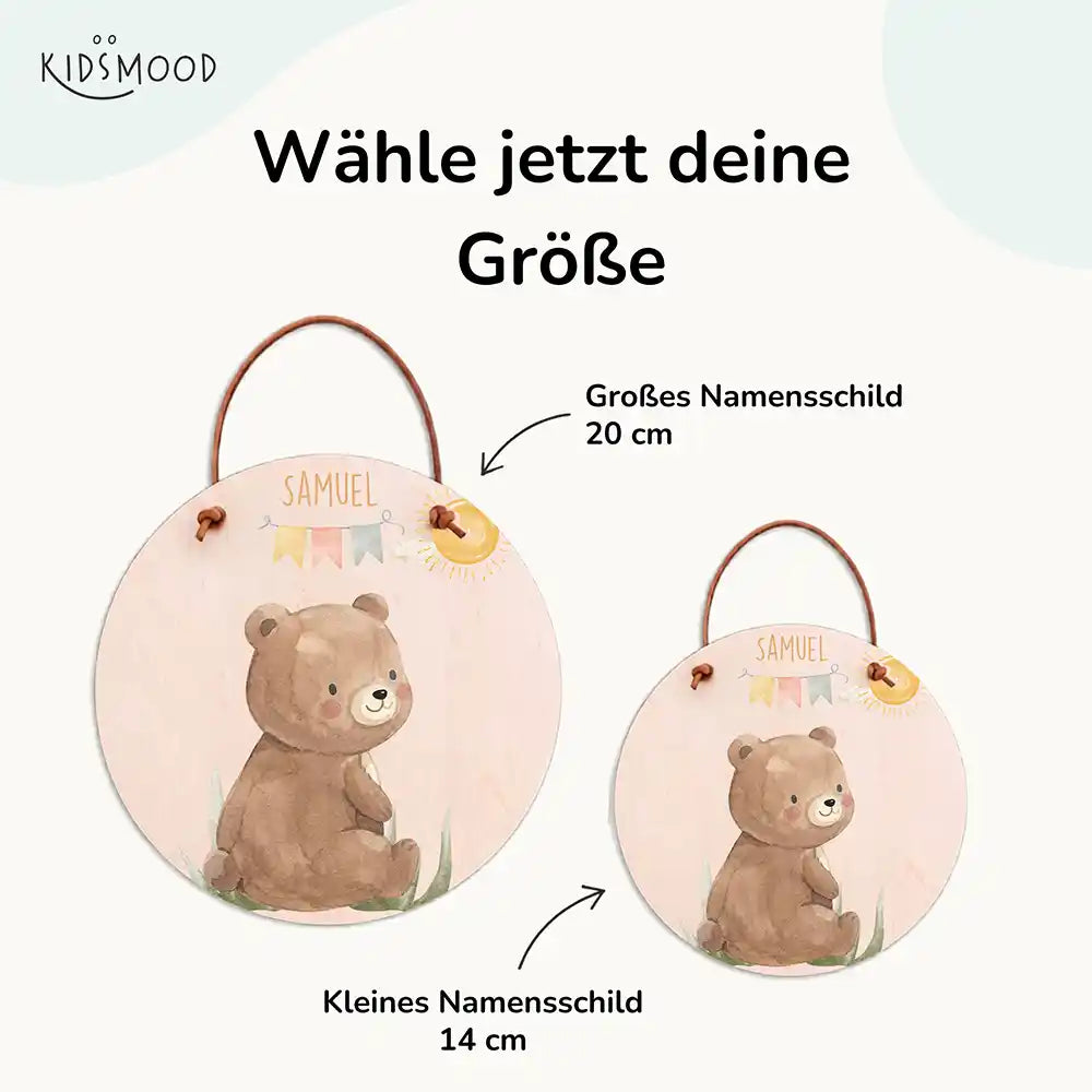 TĂŒrschild Kinderzimmer BĂ€r mit Wimpelkette, mit fertig montiertem Lederband zum AufhĂ€ngen