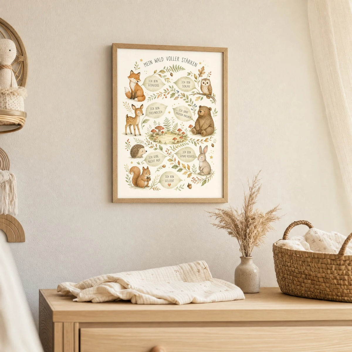 Wandbild Kinderzimmer: Affirmationsposter âWald voller StĂ€rkenâ im Holzrahmen ĂŒber der Kommode