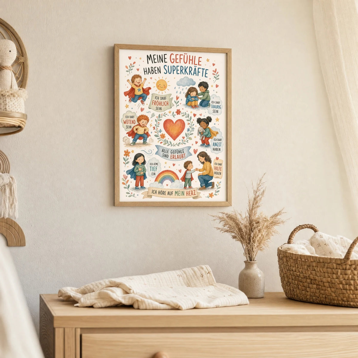 Wandbild Kinderzimmer: Affirmationsposter „Wimmelbild Gefühle“ im Holzrahmen über der Kommode