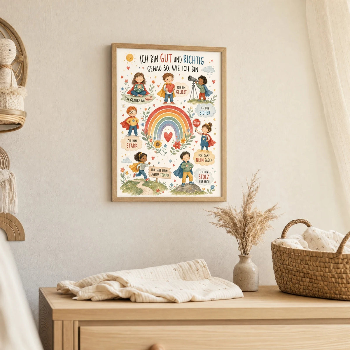 Wandbild Kinderzimmer: Affirmationsposter âIch bin gut und richtigâ im Holzrahmen ĂŒber der Kommode