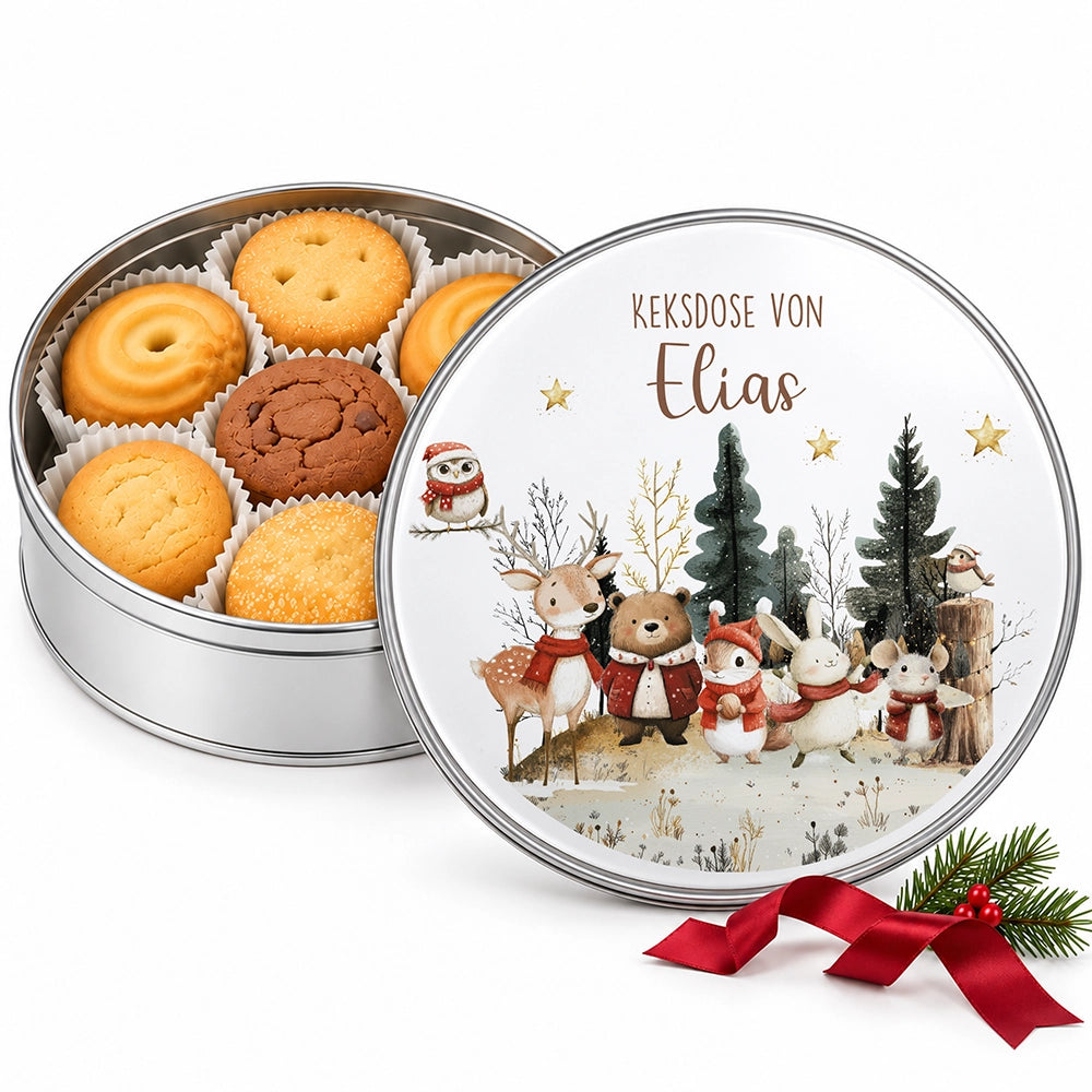 Keksdose aus Metall personalisiert - Weihnachtsfreunde im Schnee