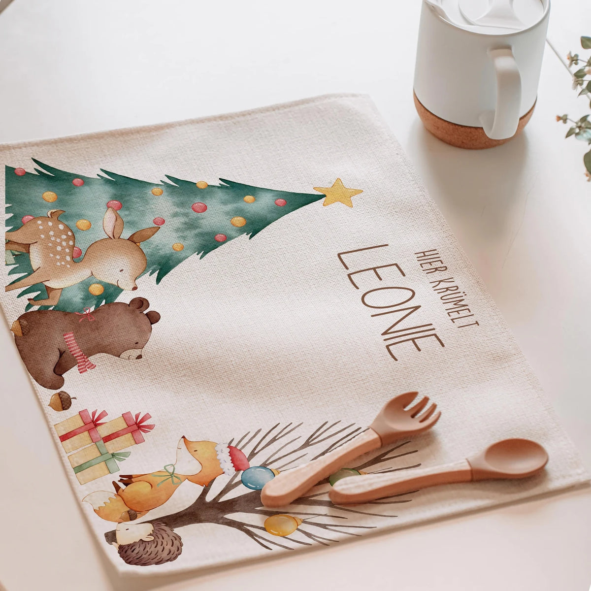 Tischset Kinder personalisiert Weihnachtsmotiv - BĂ€r Weihnachtsbaum
