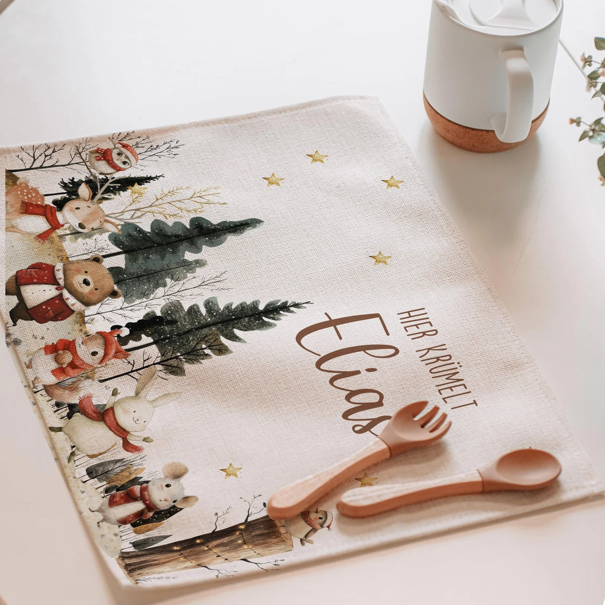 Tischset Kinder personalisiert Weihnachtsmotiv - Festliche Tierchen im Schnee