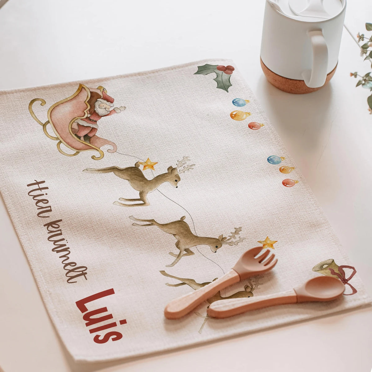 Tischset Kinder personalisiert Weihnachtsmotiv - Rentierschlitten
