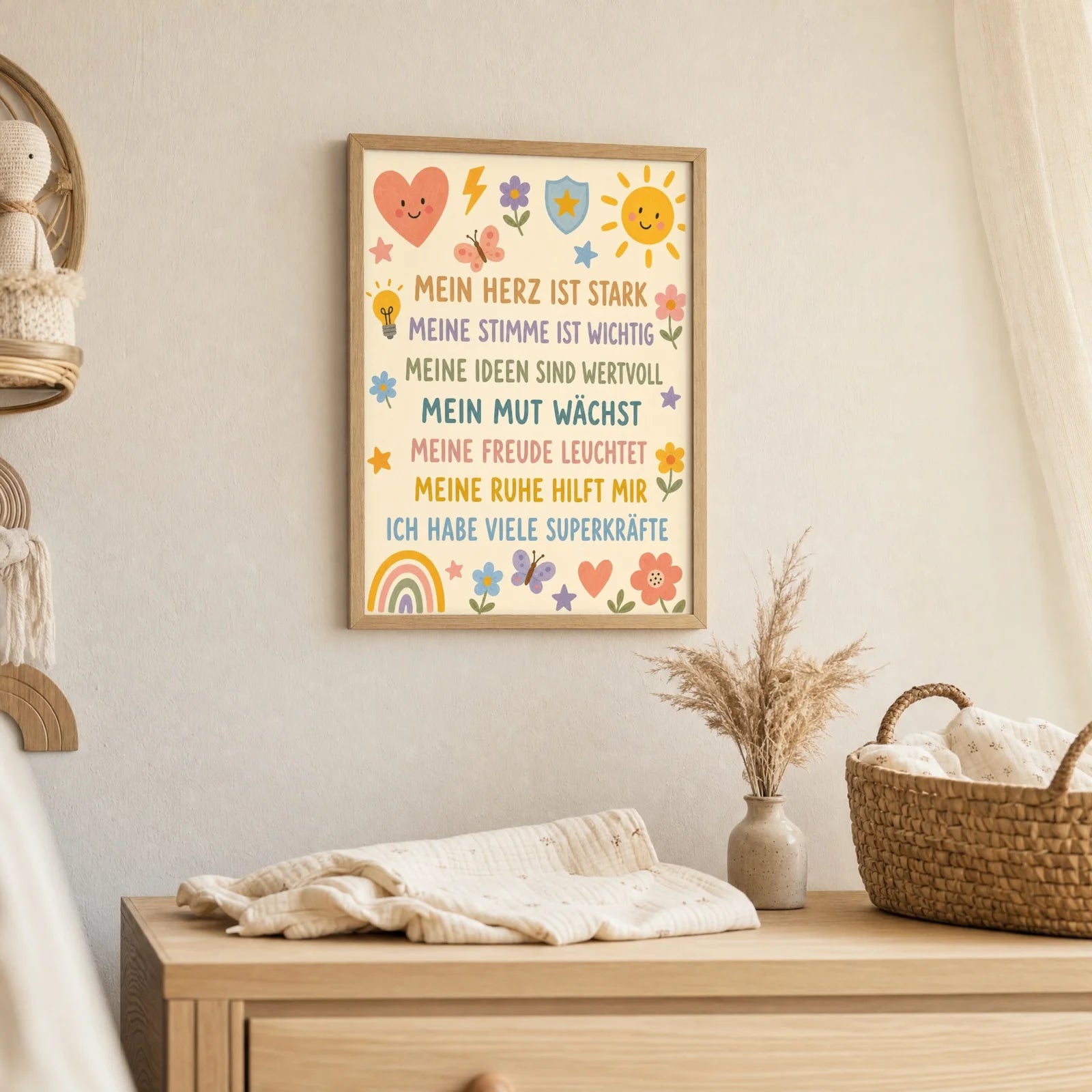 Affirmationsposter Kinderzimmer Blumenwiese SuperkrÀfte, als Deko mit Holzrahmen