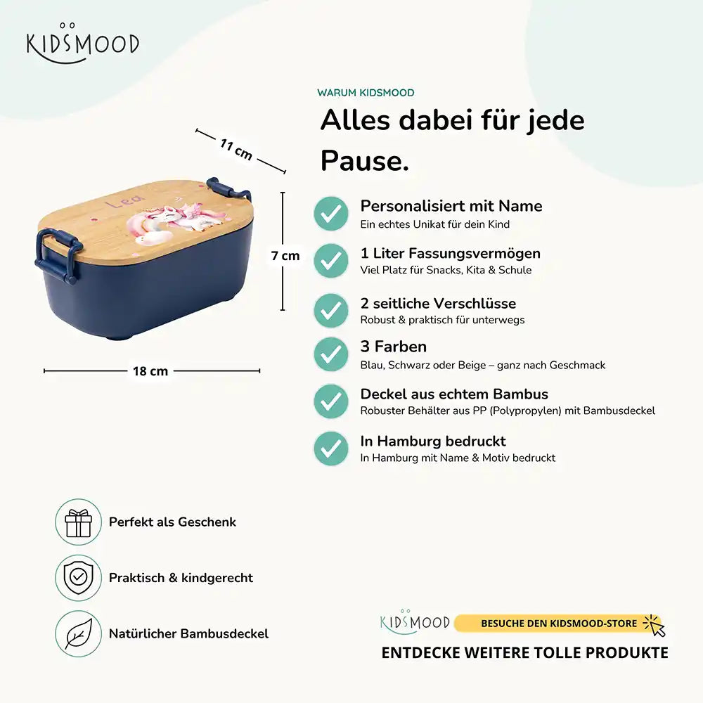Brotdose Kinder personalisiert Einhorn Regenbogen, Bambusdeckel mit Wunschname Detail