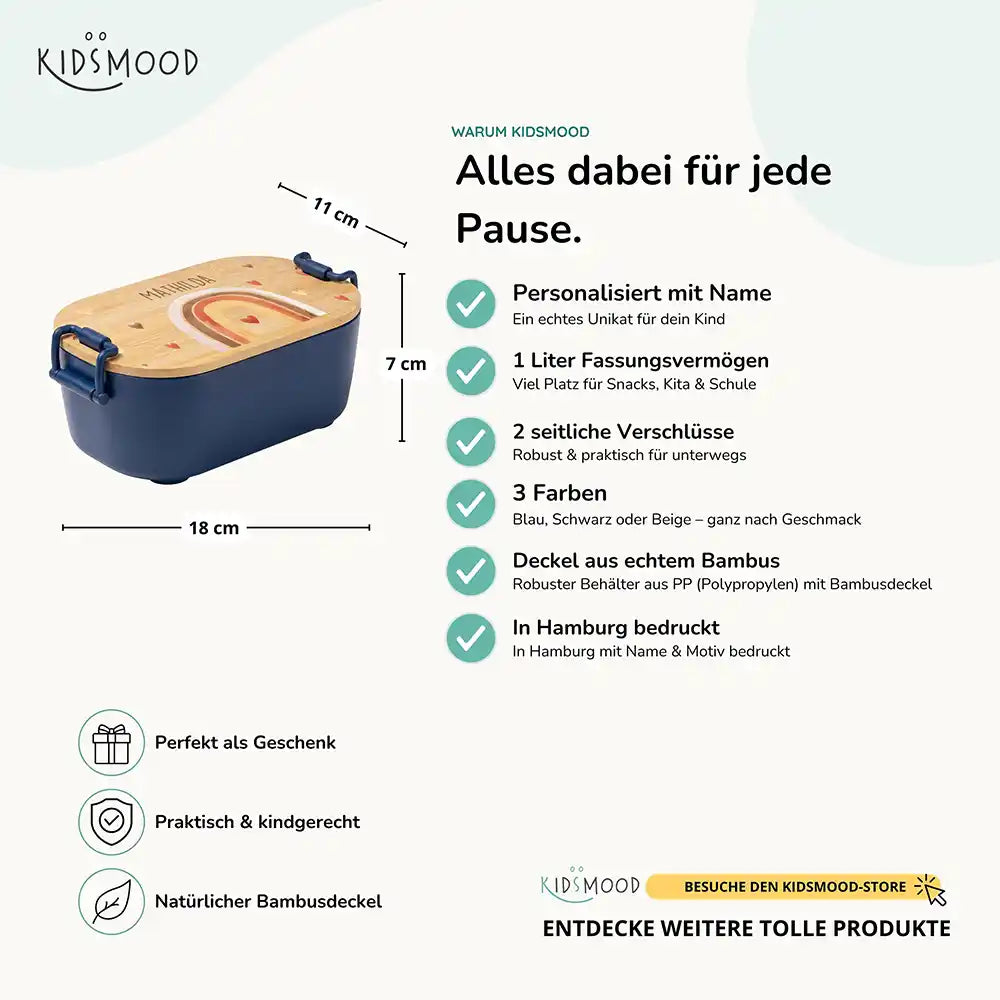 Brotdose Kinder personalisiert Boho Regenbogen, Bambusdeckel mit Wunschname Detail
