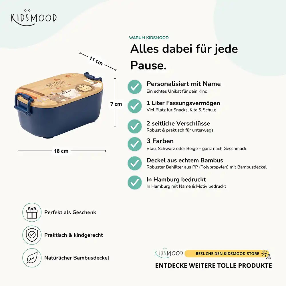 Brotdose Kinder personalisiert Safari Boho, Bambusdeckel mit Wunschname Detail
