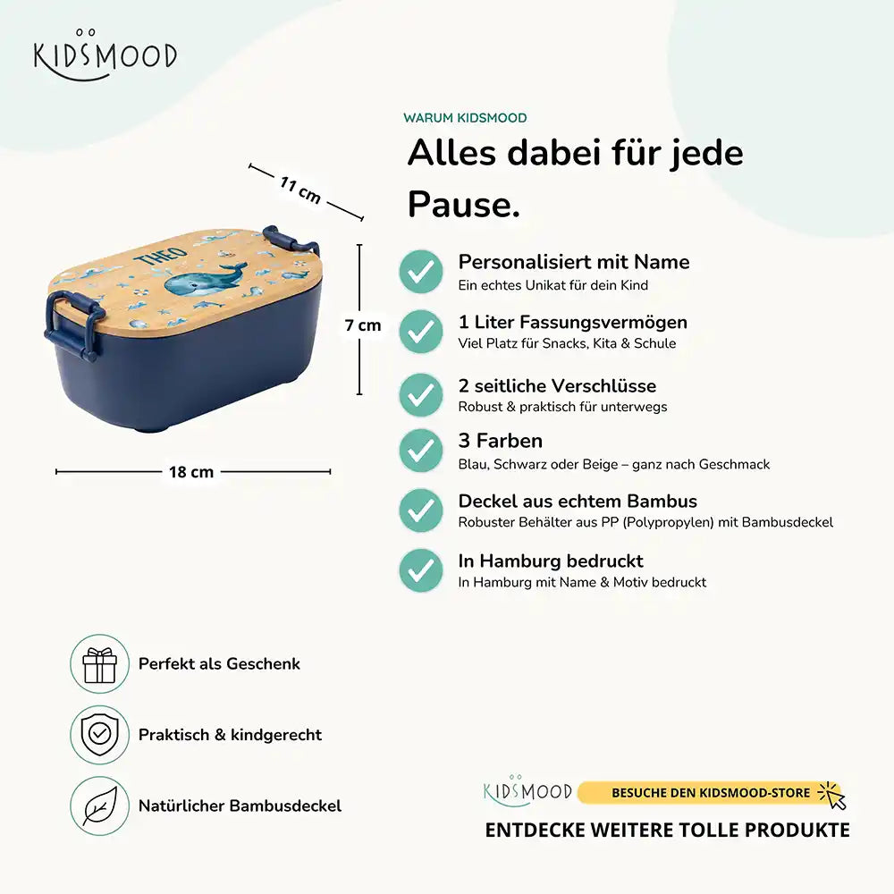 Brotdose Kinder personalisiert Wal und Delfin, Bambusdeckel mit Wunschname Detail