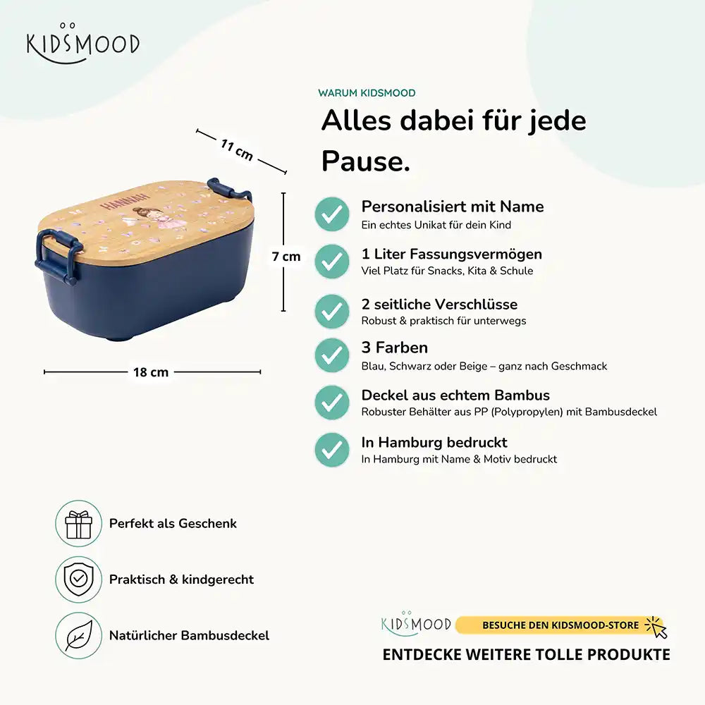 Brotdose Kinder personalisiert Mädchen Schmetterlinge, Bambusdeckel mit Wunschname Detail