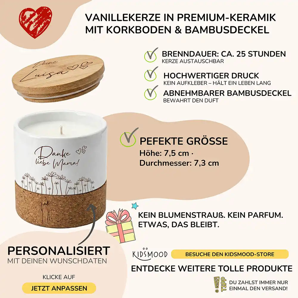Duftkerze Vanille Keramik Danke Mama Wildblumen â brennend am gemĂŒtlichen Abend