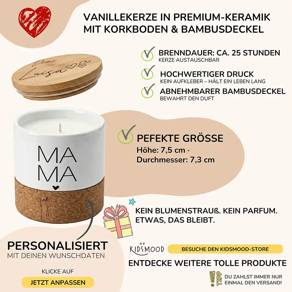 Duftkerze Vanille Keramik Mama Typografie – brennend am gemütlichen Abend
