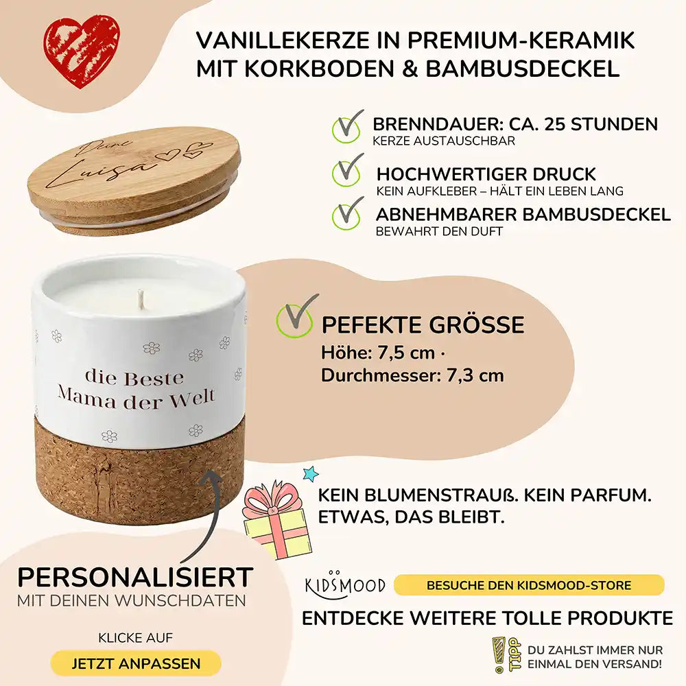Duftkerze Vanille Keramik Beste Mama BlĂŒmchen â brennend am gemĂŒtlichen Abend
