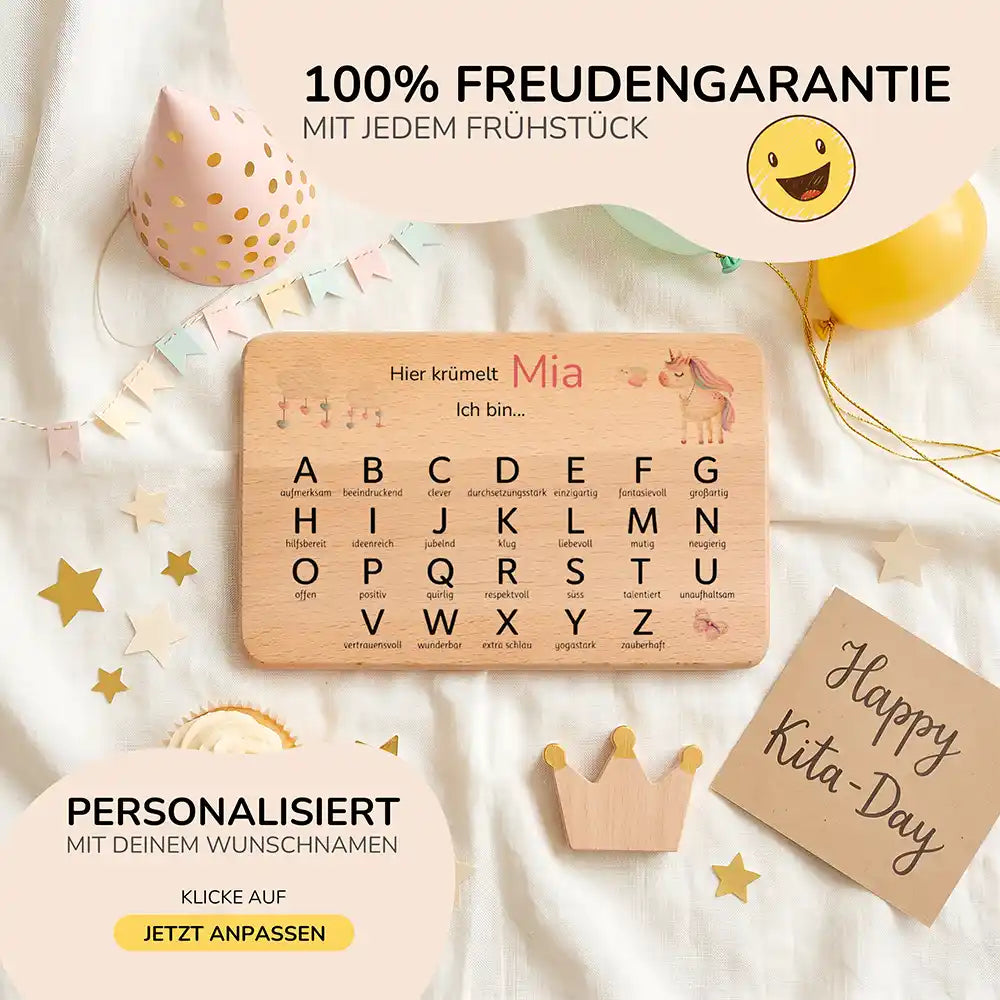ABC Brettchen Kinder personalisiert Einhorn mit Musiknoten – Geburtstags-Komposition Kita