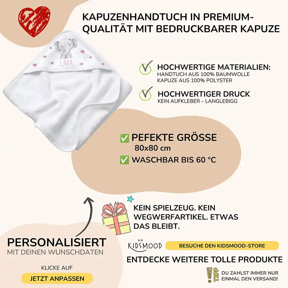 Personalisiertes Kapuzenhandtuch Baby Elefant Blüten – Boho-Flatlay mit Palmblatt-Akzent