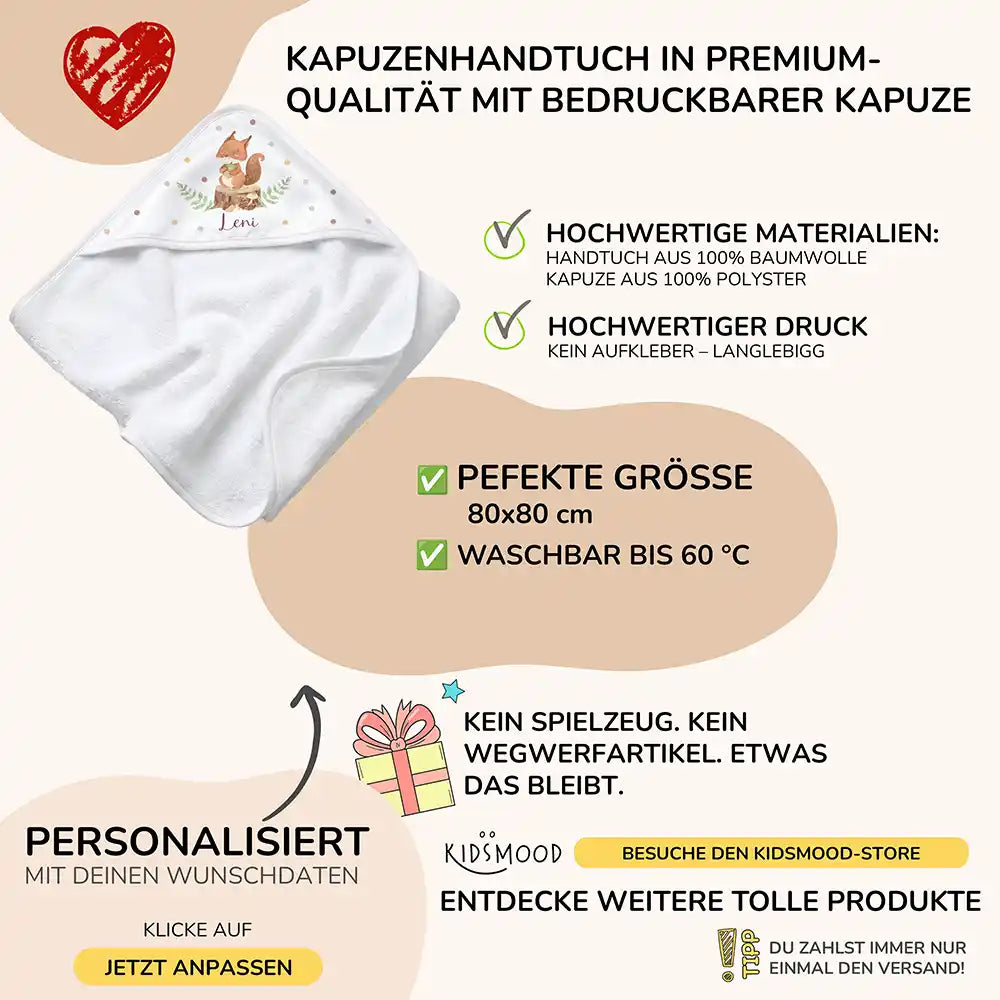 Personalisiertes Kapuzenhandtuch Baby Eichhörnchen Eichel – Boho-Flatlay mit Palmblatt-Akzent