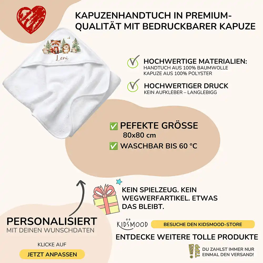 Personalisiertes Kapuzenhandtuch Baby Waldfreunde Tannen â Boho-Flatlay mit Palmblatt-Akzent