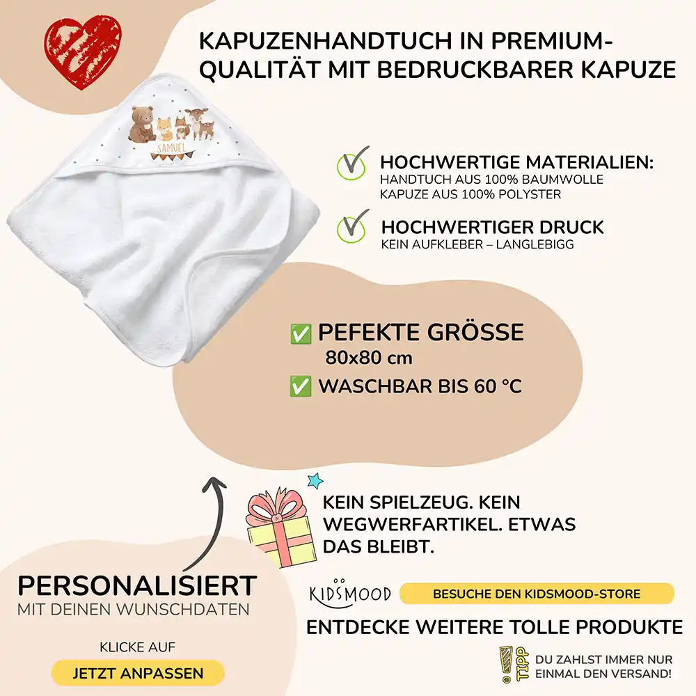 Personalisiertes Kapuzenhandtuch Baby Waldtiere Wimpel â Boho-Flatlay mit Palmblatt-Akzent