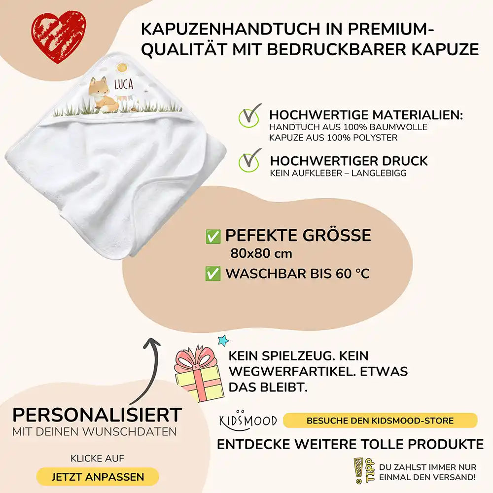 Personalisiertes Kapuzenhandtuch Baby Fuchs Wiese â Boho-Flatlay mit Palmblatt-Akzent