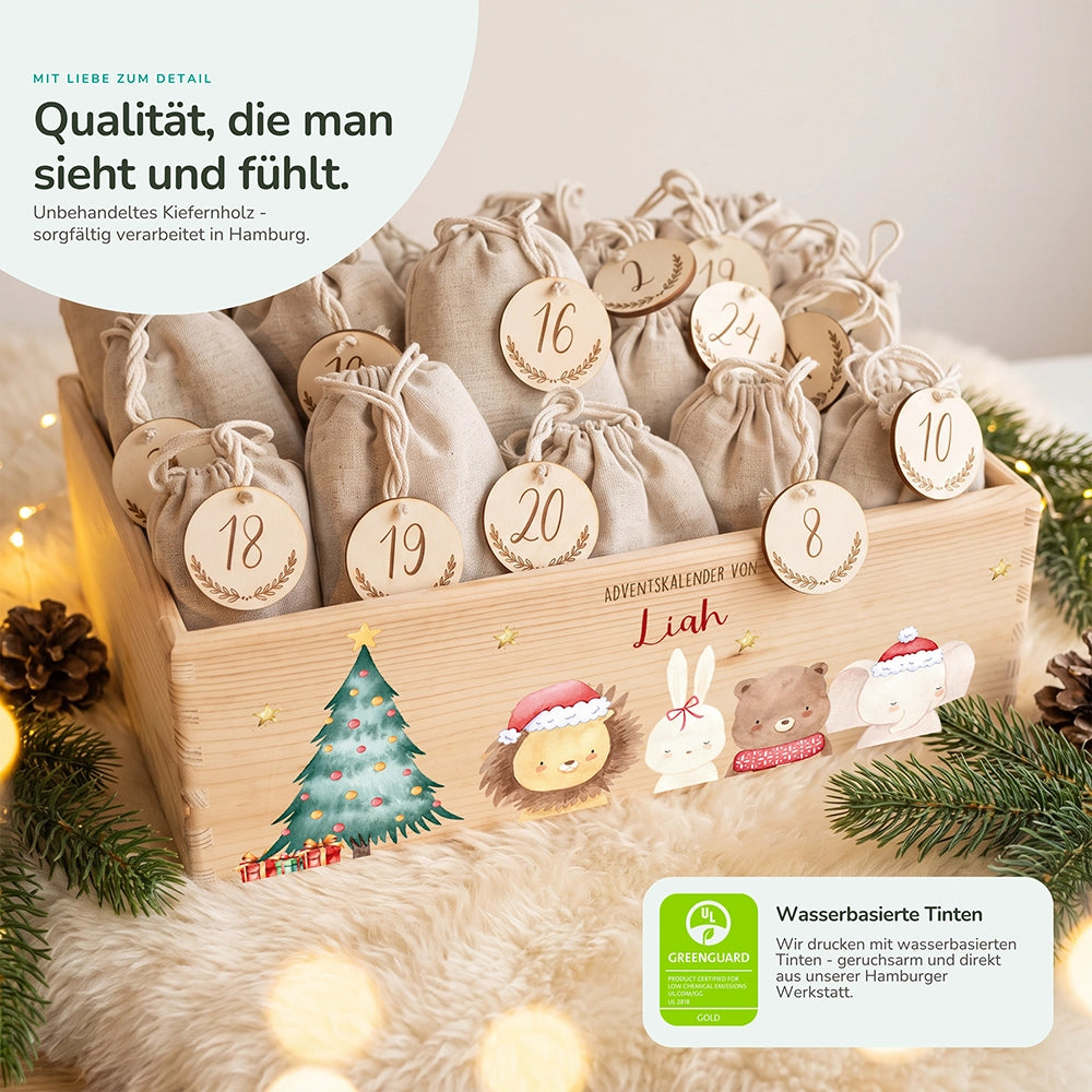 Adventskalender zum Befüllen "Weihnachten mit weihnachtlichem Tiertrio" personalisiert