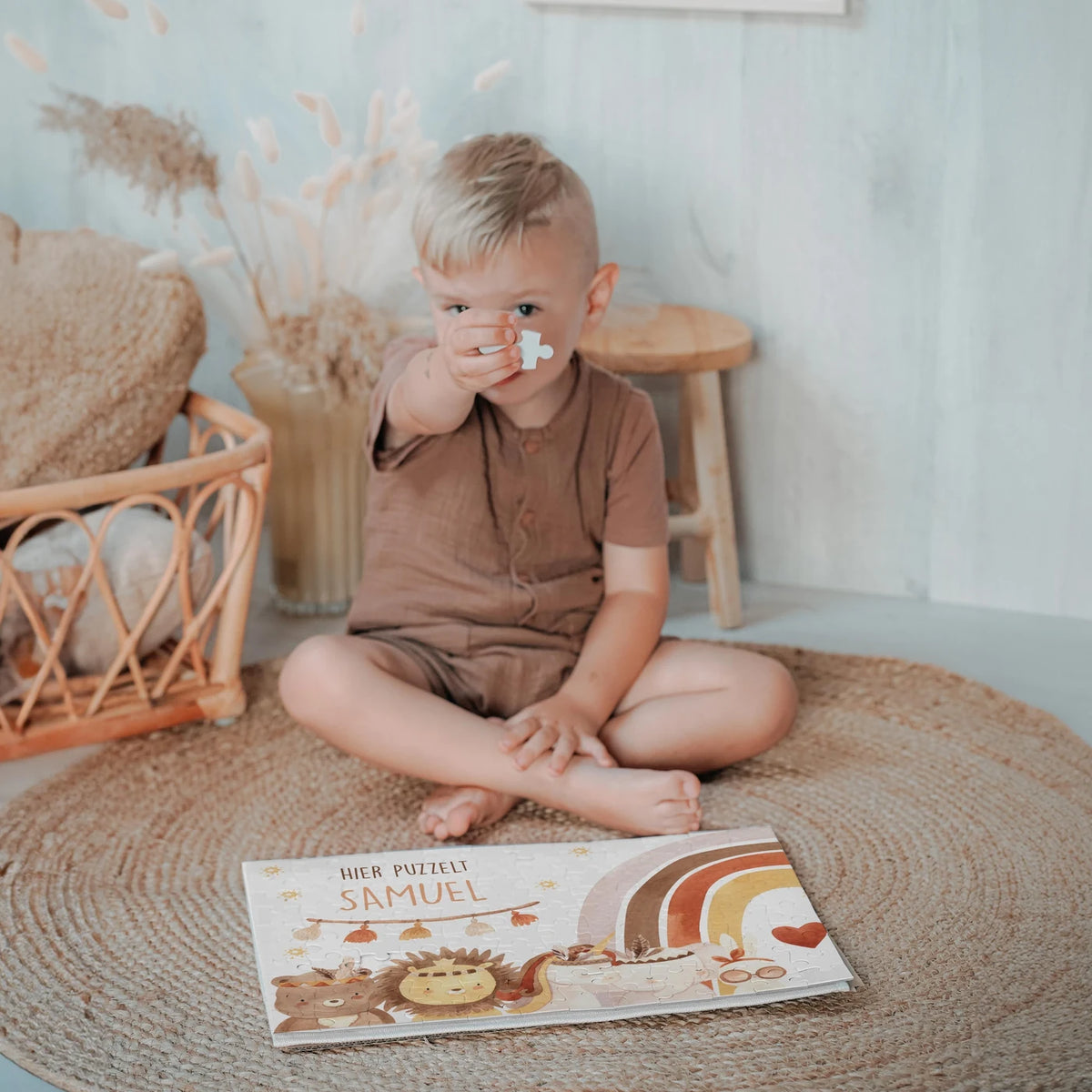 Kinderpuzzle personalisiert mit Namen - Boho Tiere mit Regenbogen