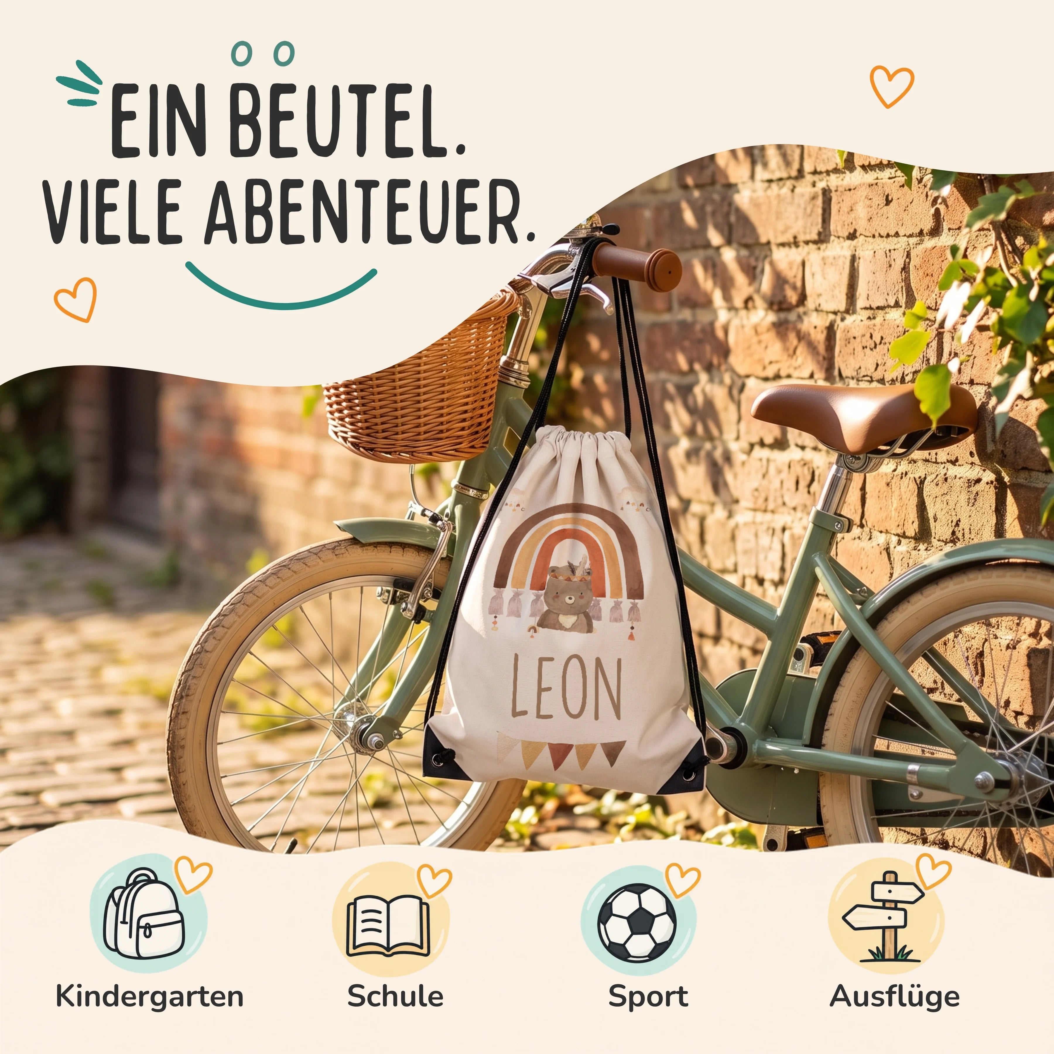 Personalisierter Turnbeutel Boho BĂ€r Regenbogen, Sportbeutel fĂŒr Kindergarten, Schule, Sport und AusflĂŒge