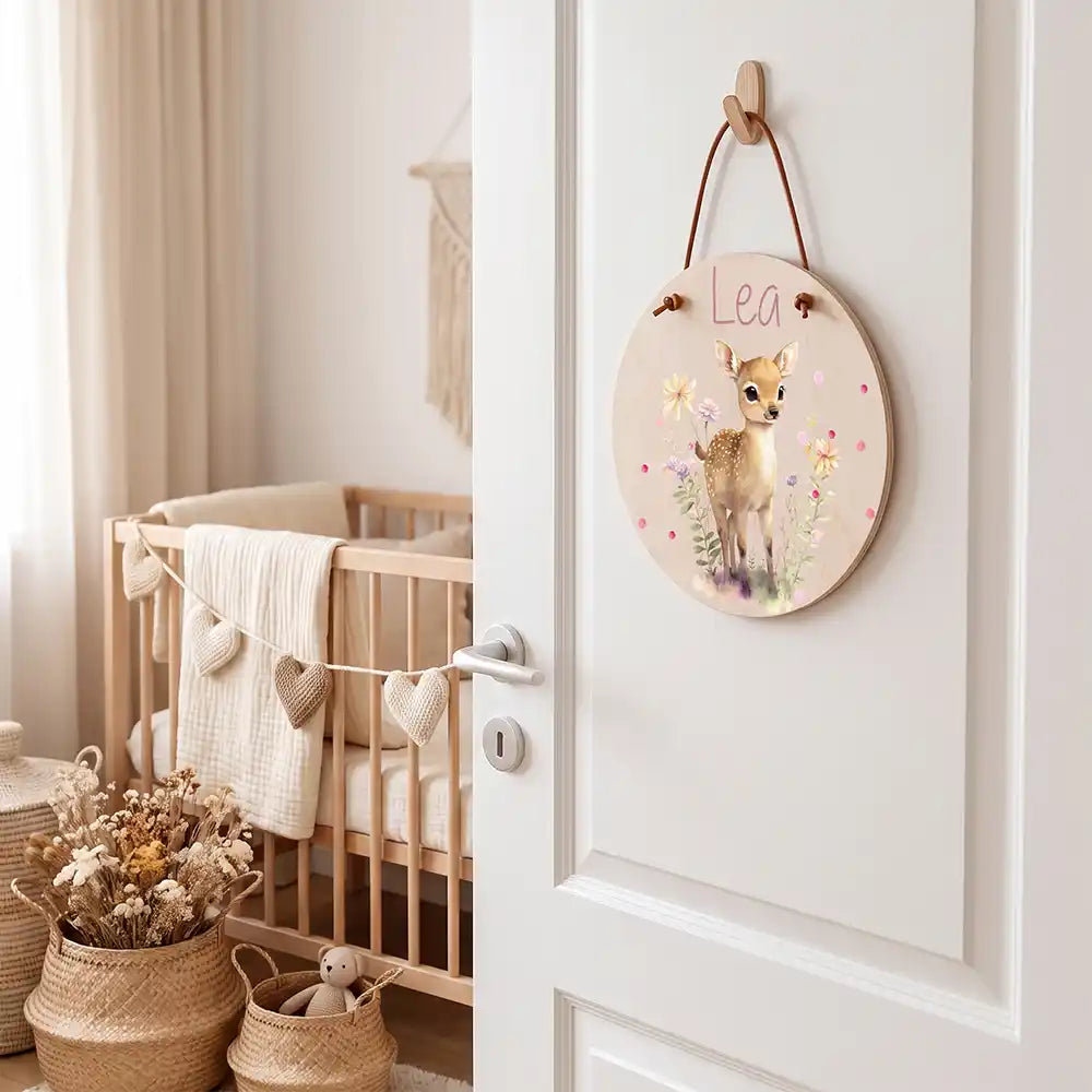 Türschild Kinderzimmer Reh mit Wildblumen, aufgehängt an der Kinderzimmertür