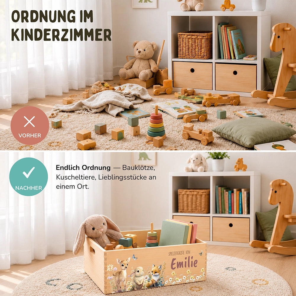 Spielzeugkiste personalisiert mit Namen - Fuchs, Hase und Reh