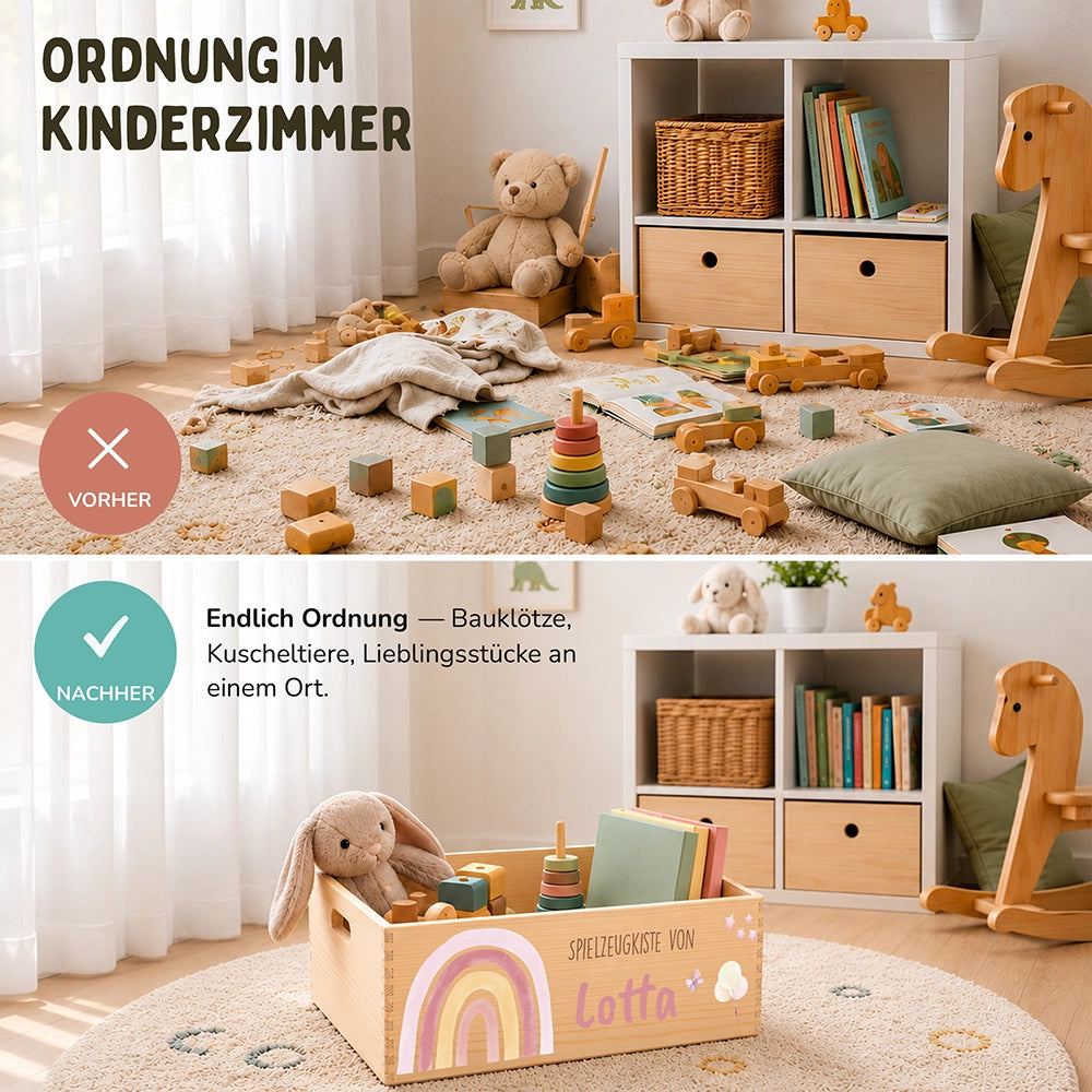 Spielzeugkiste personalisiert mit Namen - Regenbogen