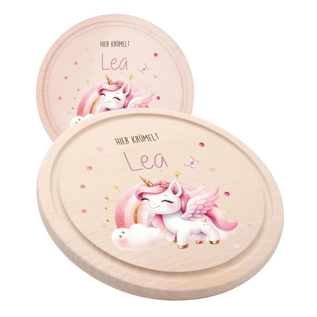 Rundes personalisiertes Frühstücksbrettchen Einhorn mit Namen für Kinder