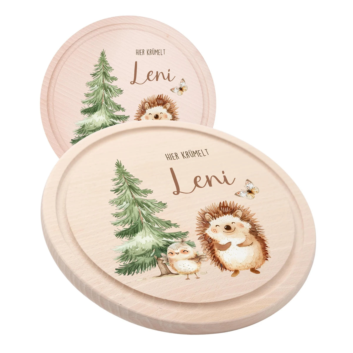 Rundes personalisiertes Frühstücksbrettchen Igel mit Namen für Kinder